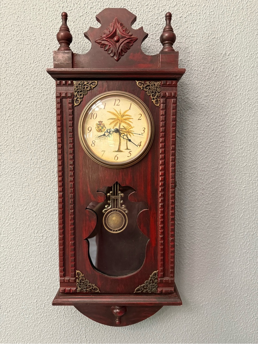 Vintage-Style Red Wooden Wall Clock with Pendulum